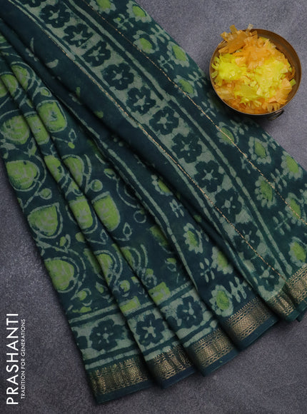 Chanderi bagru saree peacock green with allover prints and mageshwari border