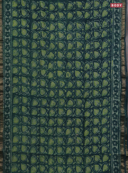 Chanderi bagru saree peacock green with allover prints and mageshwari border