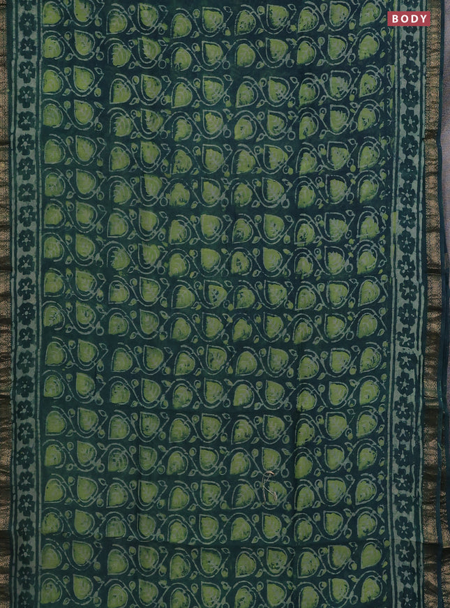 Chanderi bagru saree peacock green with allover prints and mageshwari border
