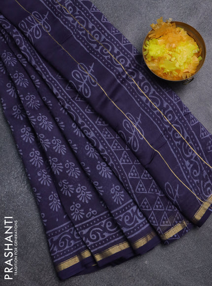 Chanderi bagru saree navy blue with allover butta prints and small zari woven border