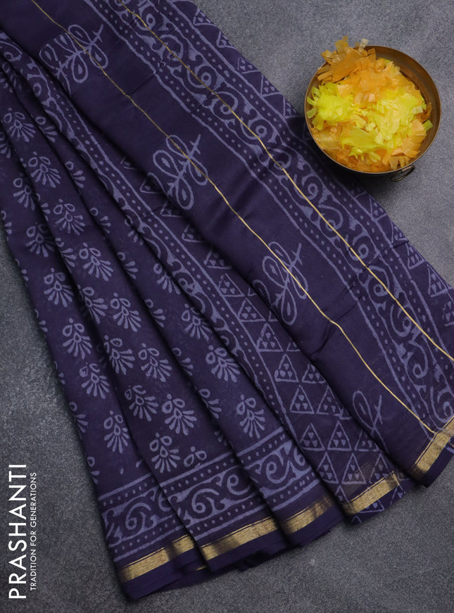 Chanderi bagru saree navy blue with allover butta prints and small zari woven border