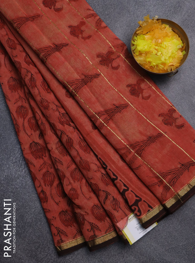 Chanderi bagru saree rust shade and coffee brown with allover ajrakh prints and small zari woven border
