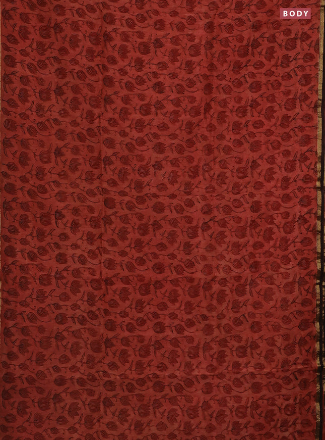 Chanderi bagru saree rust shade and coffee brown with allover ajrakh prints and small zari woven border