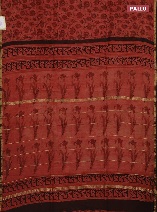 Chanderi bagru saree rust shade and coffee brown with allover ajrakh prints and small zari woven border
