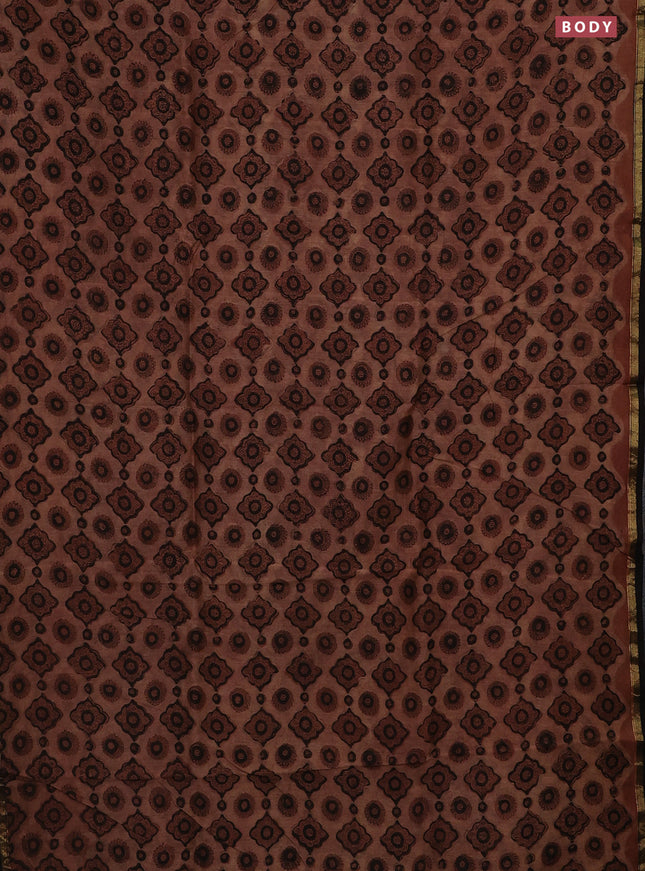 Chanderi bagru saree pastel brown and black with allover ajrakh prints and small zari woven border