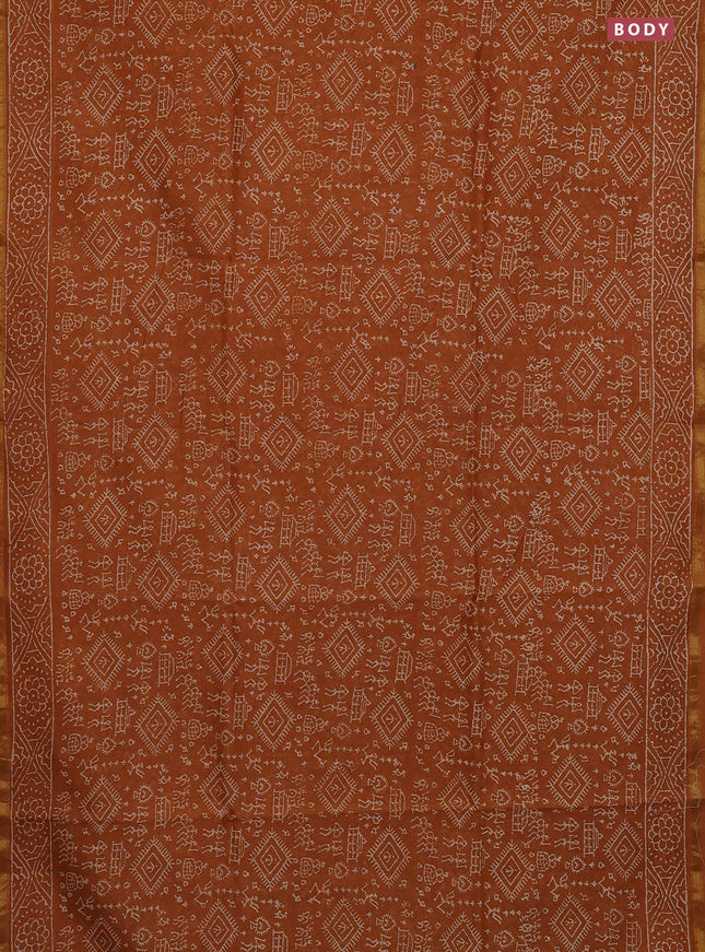 Chanderi bagru saree dark mustard with allover warli prints and small zari woven border