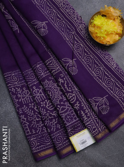 Chanderi bagru saree violet with floral butta prints and long printed zari border