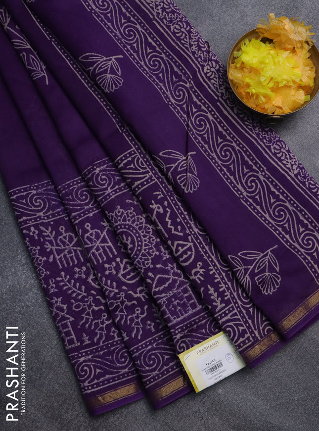 Chanderi bagru saree violet with floral butta prints and long printed zari border
