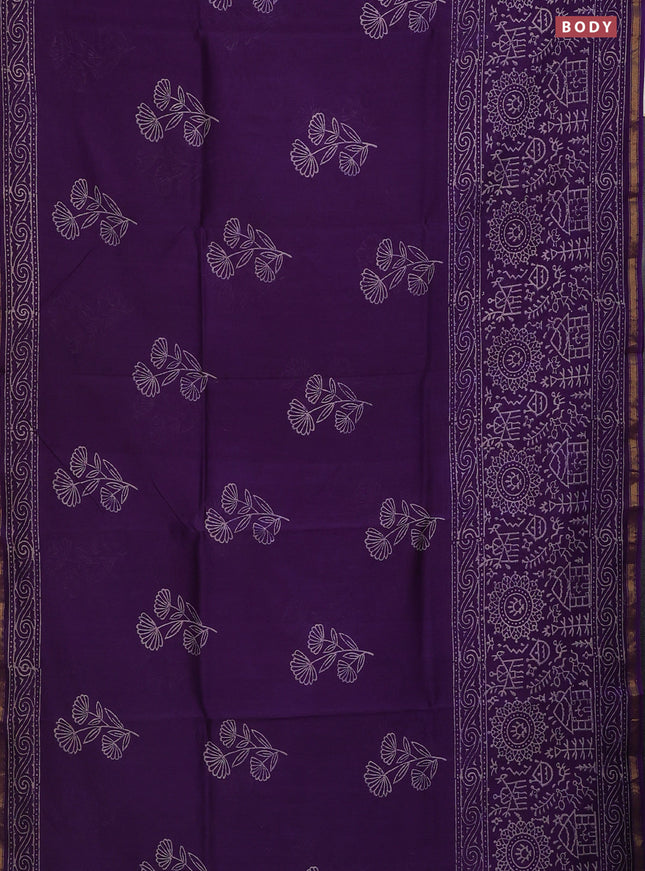 Chanderi bagru saree violet with floral butta prints and long printed zari border
