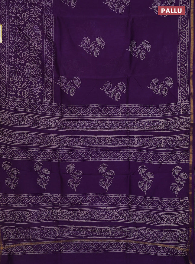 Chanderi bagru saree violet with floral butta prints and long printed zari border