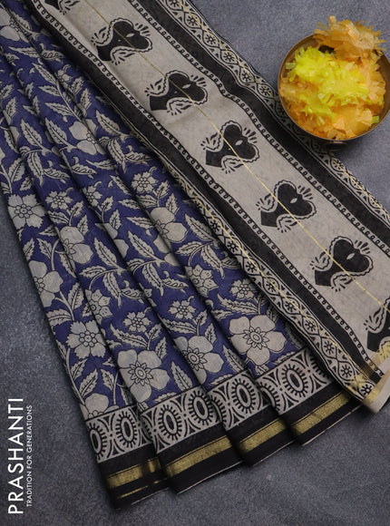 Chanderi bagru saree blue and black with allover floral prints and small zari woven border