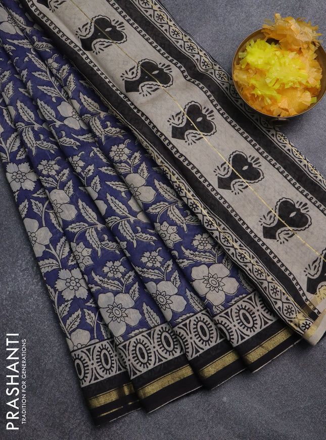 Chanderi bagru saree blue and black with allover floral prints and small zari woven border