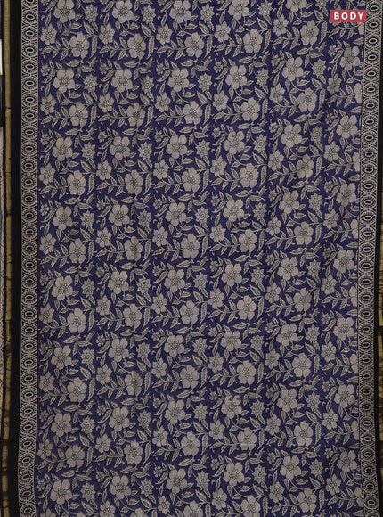 Chanderi bagru saree blue and black with allover floral prints and small zari woven border
