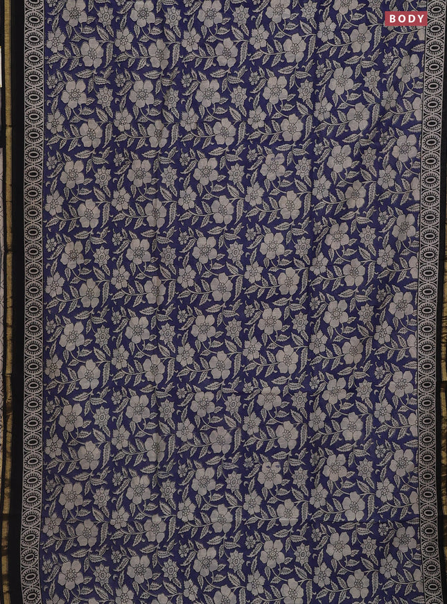 Chanderi bagru saree blue and black with allover floral prints and small zari woven border