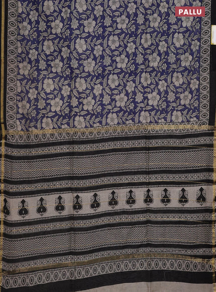 Chanderi bagru saree blue and black with allover floral prints and small zari woven border