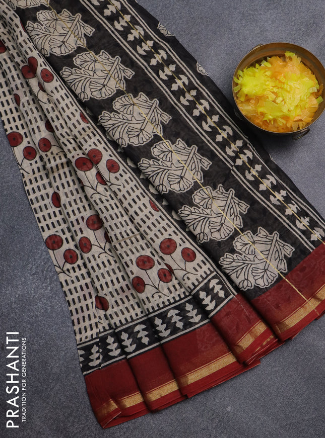 Chanderi bagru saree beige black and maroon with allover prints and small zari woven border
