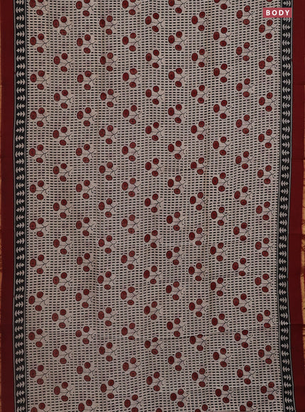 Chanderi bagru saree beige black and maroon with allover prints and small zari woven border