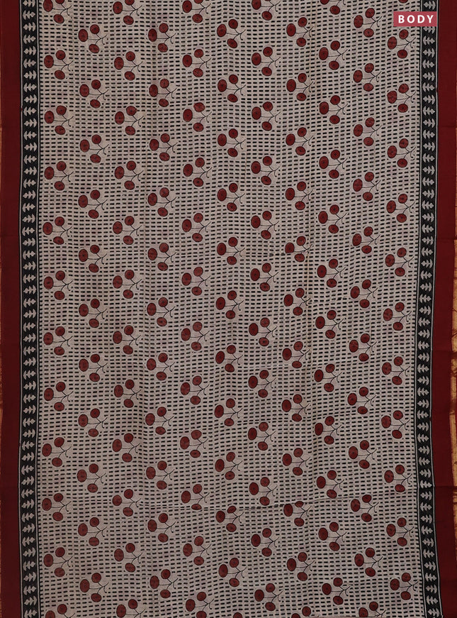 Chanderi bagru saree beige black and maroon with allover prints and small zari woven border