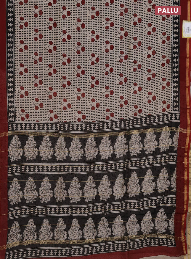 Chanderi bagru saree beige black and maroon with allover prints and small zari woven border