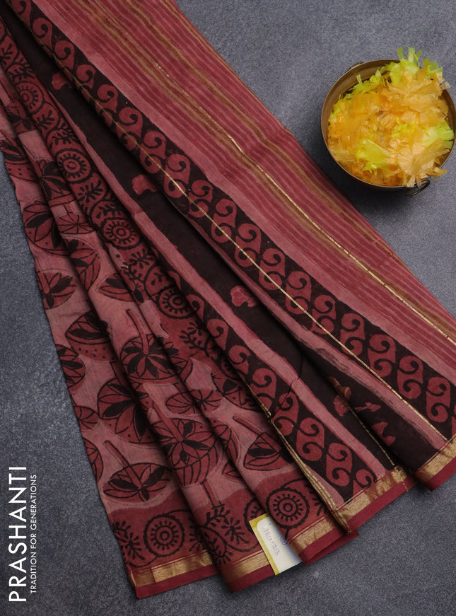 Chanderi bagru saree pastel maroon with allover prints and small zari woven border