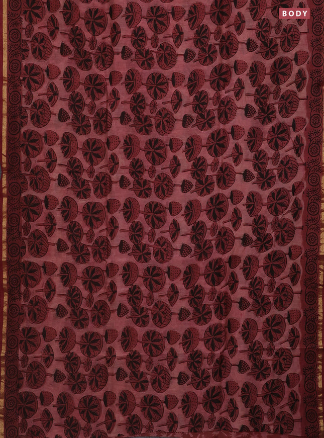 Chanderi bagru saree pastel maroon with allover prints and small zari woven border
