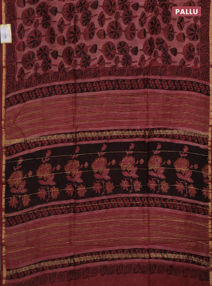 Chanderi bagru saree pastel maroon with allover prints and small zari woven border