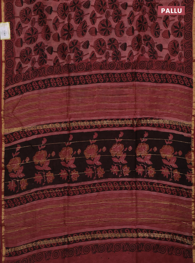 Chanderi bagru saree pastel maroon with allover prints and small zari woven border