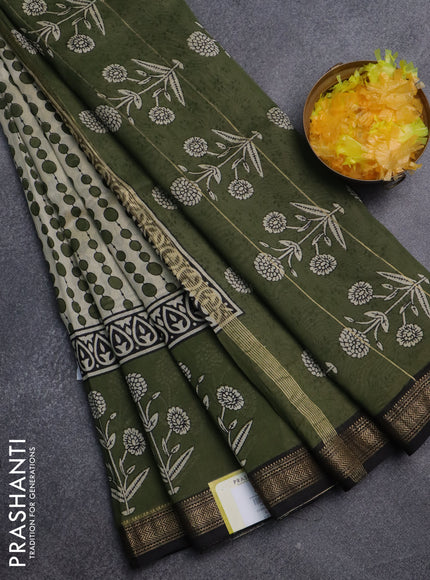 Chanderi bagru saree cream sap green and black with allover geometric prints and mageshwari border