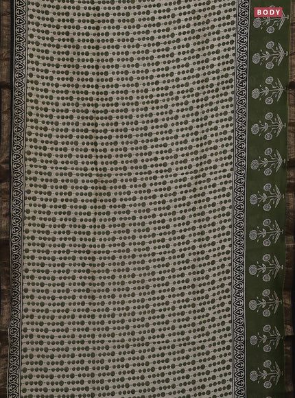 Chanderi bagru saree cream sap green and black with allover geometric prints and mageshwari border