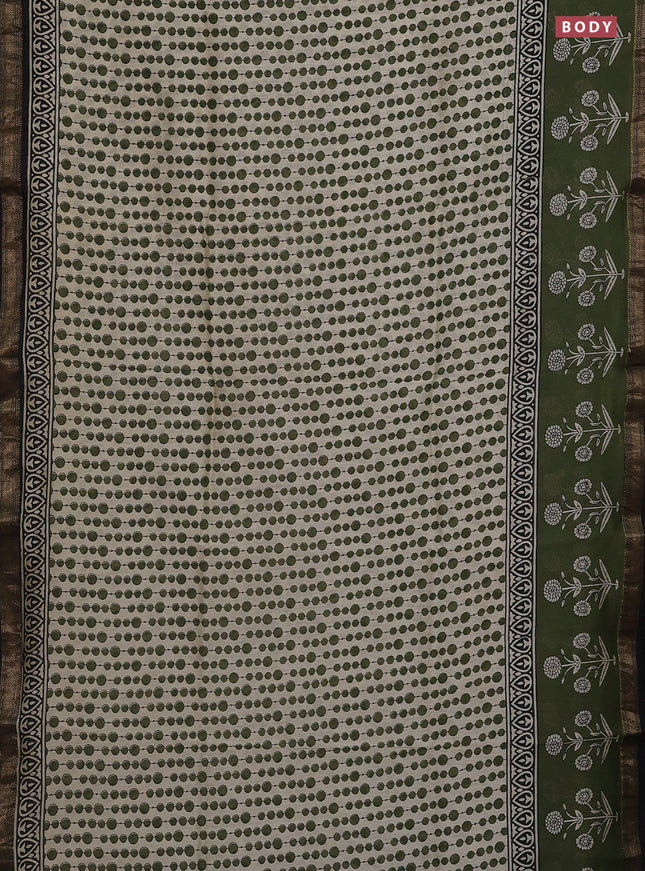 Chanderi bagru saree cream sap green and black with allover geometric prints and mageshwari border