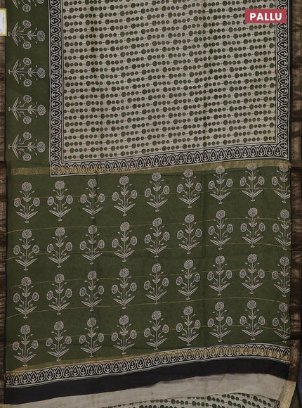 Chanderi bagru saree cream sap green and black with allover geometric prints and mageshwari border