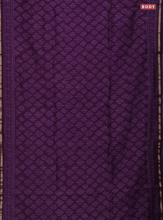 Chanderi bagru saree purple with allover leaf butta prints and small zari woven border