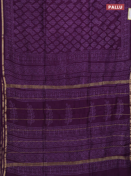 Chanderi bagru saree purple with allover leaf butta prints and small zari woven border
