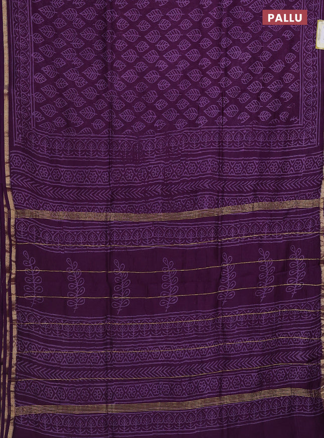 Chanderi bagru saree purple with allover leaf butta prints and small zari woven border