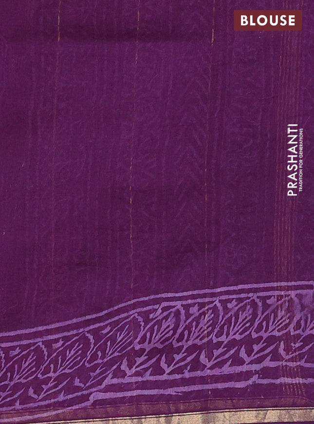Chanderi bagru saree purple with allover leaf butta prints and small zari woven border