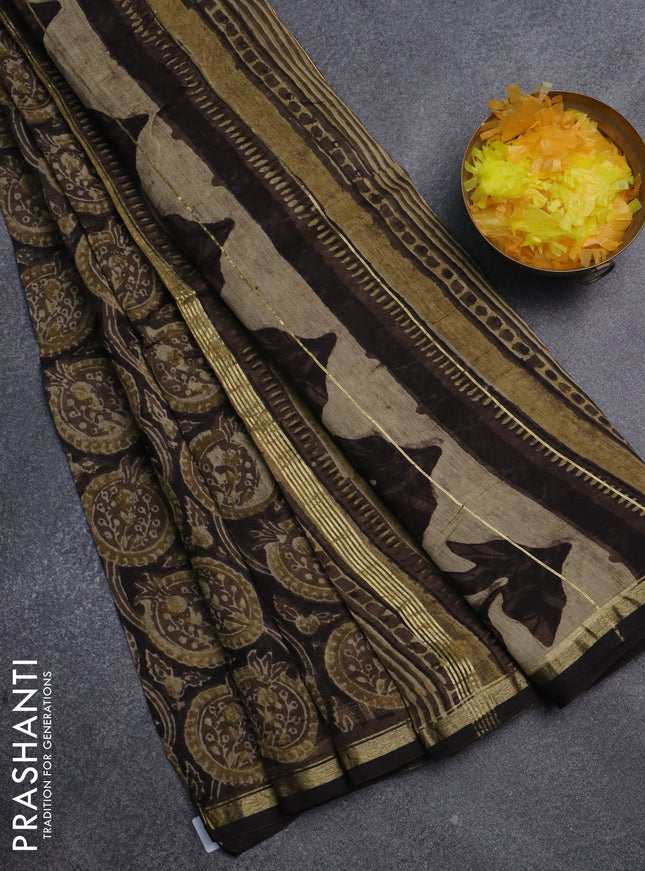 Chanderi bagru saree dark brown with allover prints and small zari woven border