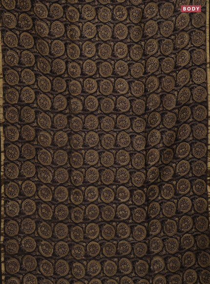 Chanderi bagru saree dark brown with allover prints and small zari woven border