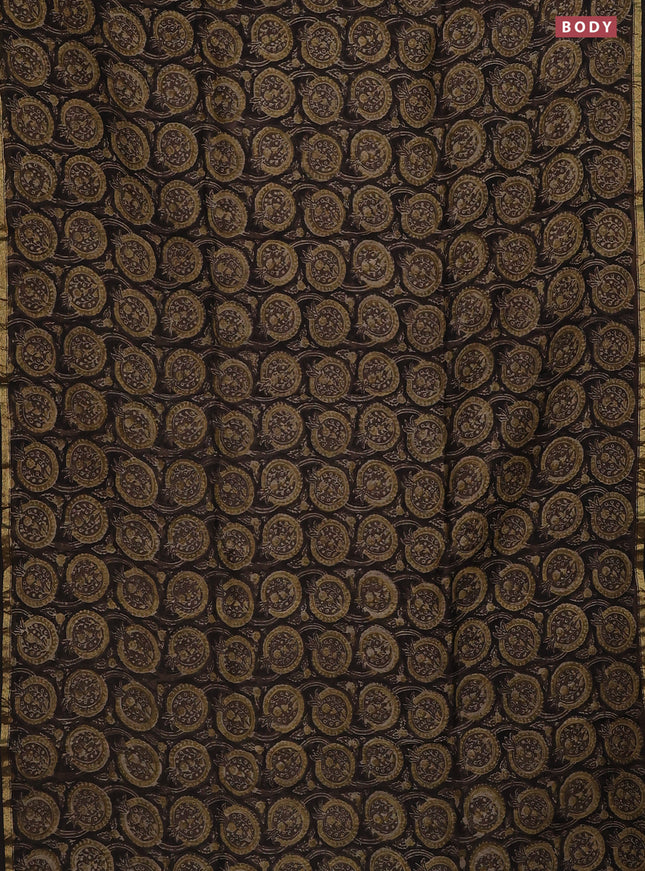 Chanderi bagru saree dark brown with allover prints and small zari woven border