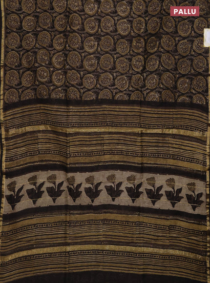 Chanderi bagru saree dark brown with allover prints and small zari woven border