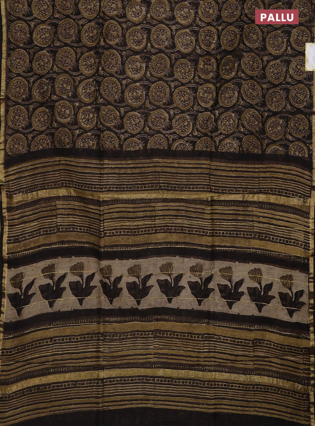 Chanderi bagru saree dark brown with allover prints and small zari woven border