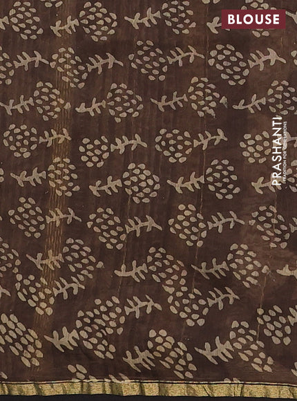 Chanderi bagru saree dark brown with allover prints and small zari woven border