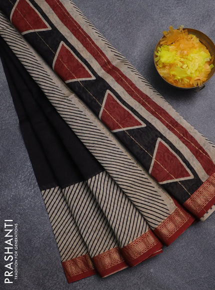 Chanderi bagru saree black and beige maroon with plain body and mageshwari border