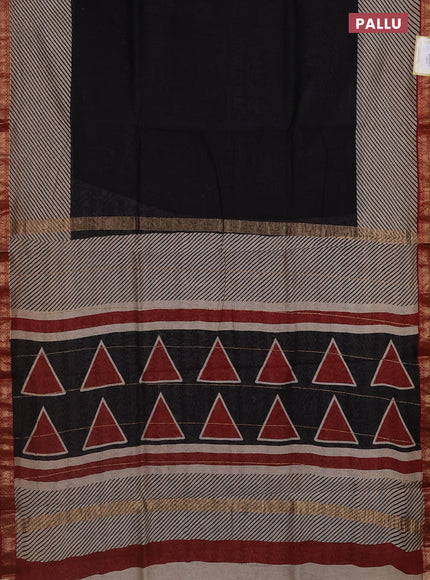 Chanderi bagru saree black and beige maroon with plain body and mageshwari border