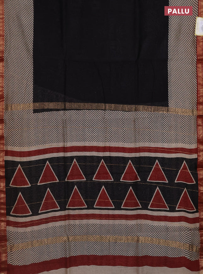 Chanderi bagru saree black and beige maroon with plain body and mageshwari border