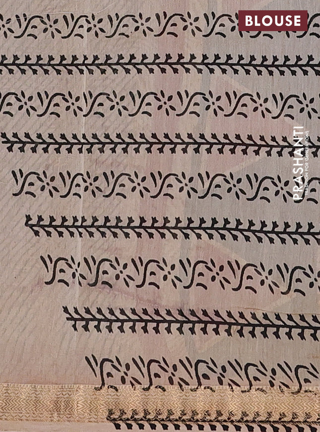 Chanderi bagru saree black and beige maroon with plain body and mageshwari border