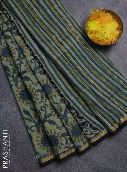 Chanderi bagru saree pastel green and black with allover kalamkari prints and small zari woven border