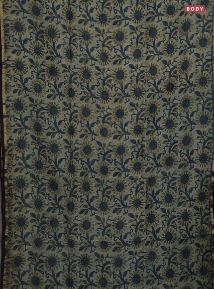 Chanderi bagru saree pastel green and black with allover kalamkari prints and small zari woven border