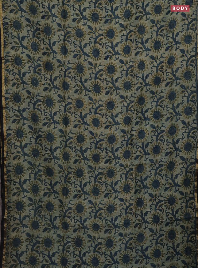 Chanderi bagru saree pastel green and black with allover kalamkari prints and small zari woven border