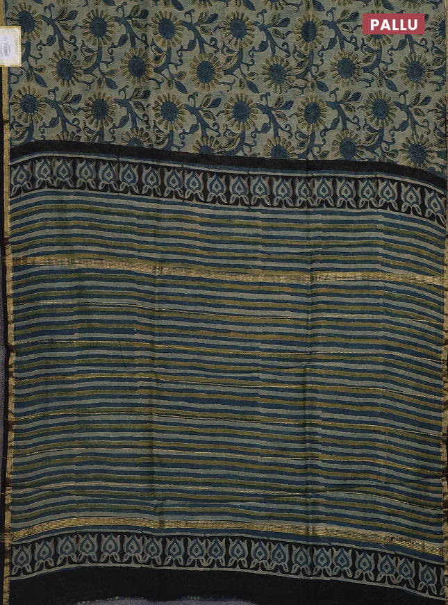 Chanderi bagru saree pastel green and black with allover kalamkari prints and small zari woven border