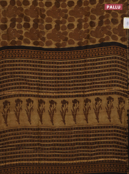 Chanderi bagru saree sandal and brown with allover leaf prints and small zari woven border